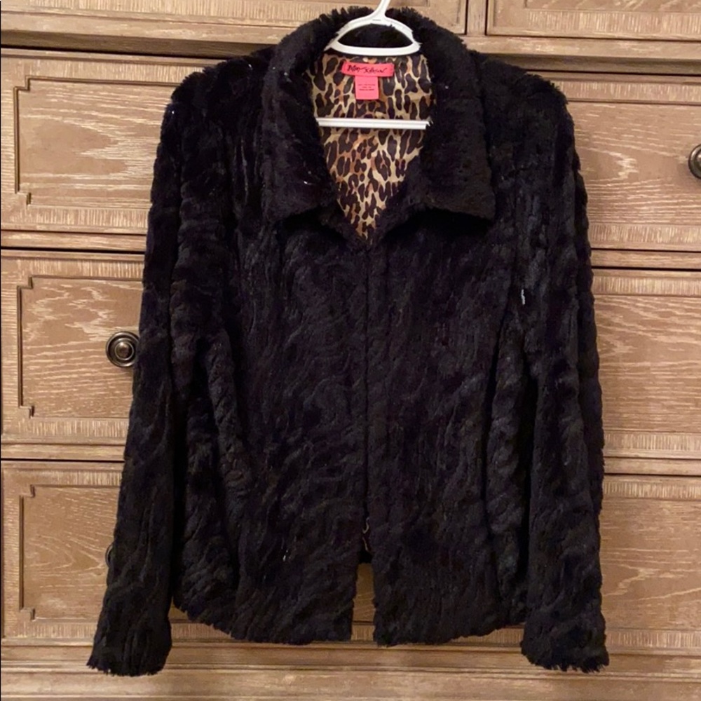 Betsey Johnson Faux Fur Sequins Jacket —Size Large
